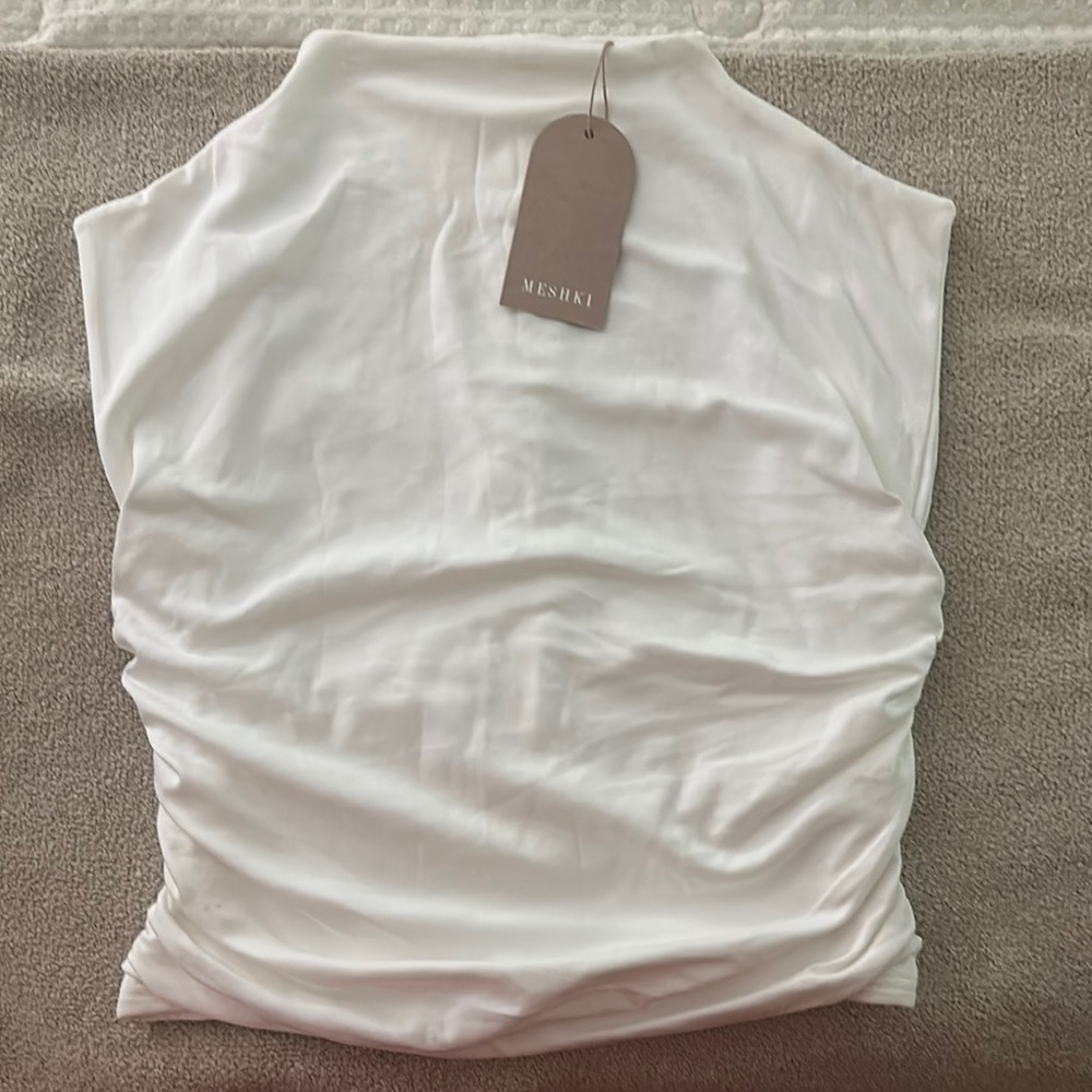 Meshki White Ruched Sleeveless Tank Top